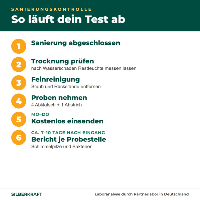 Verloop saneringscontrole: droging controleren, reinigen, monsters nemen, opsturen, rapport per plek