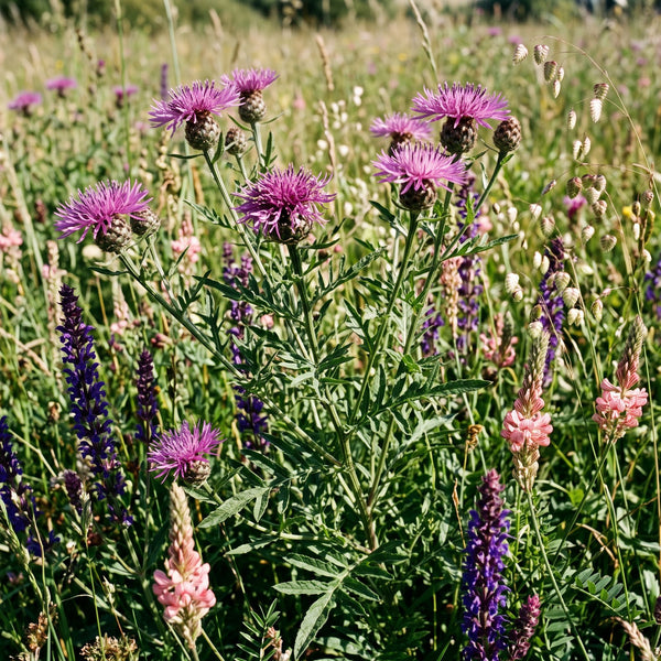 Skabiosen-Flockenblume (Centaurea scabiosa) in Blüte im naturnahen Garten (KI-generiert)