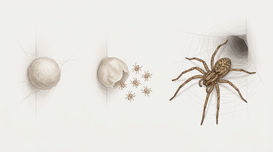 Ontwikkeling van de grote huisspin: witte eiercocon, kleine spinnetjes en volwassen spin voor zijn trechterweb