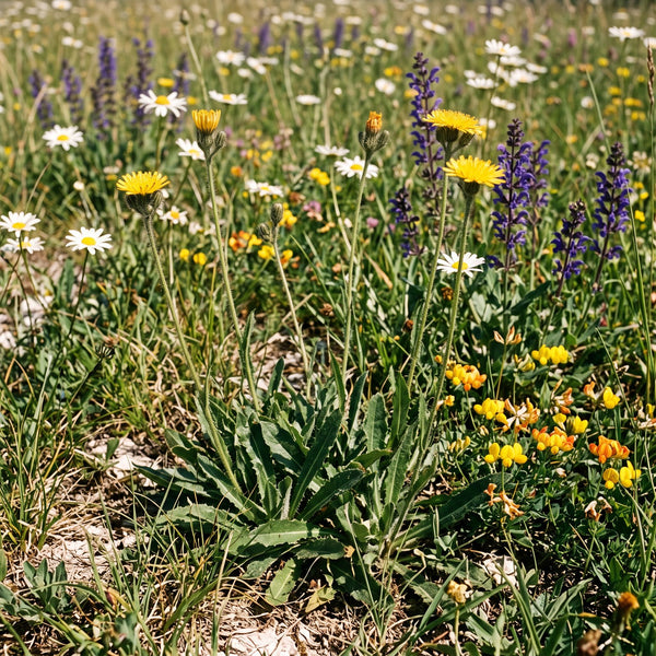 Steifhaariger Löwenzahn (Leontodon hispidus) in Blüte im naturnahen Garten (KI-generiert)