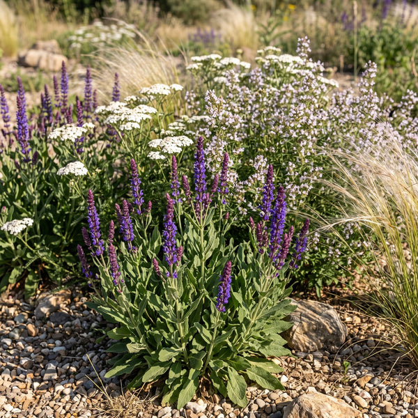 Steppen-Salbei (Salvia nemorosa) in Blüte im naturnahen Garten (KI-generiert)