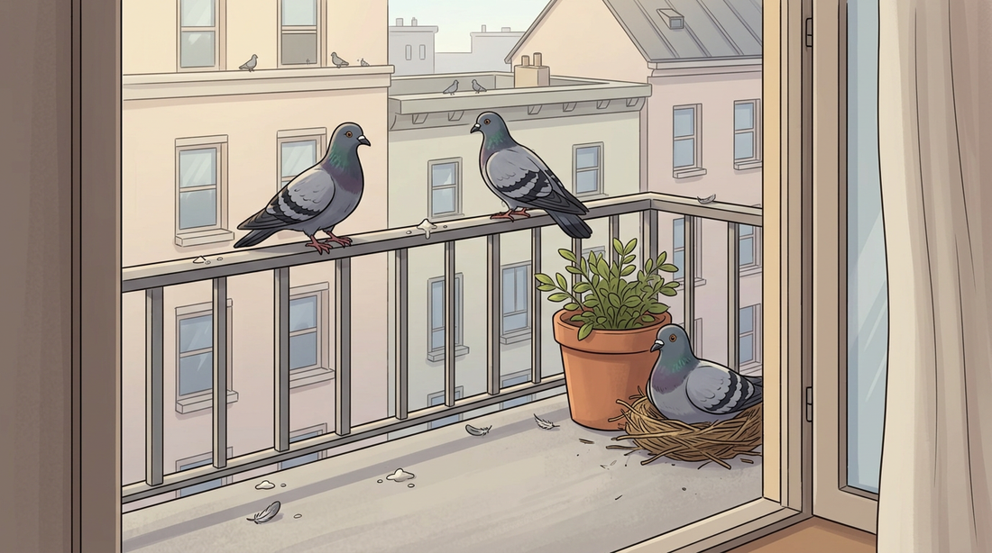 Twee stadsduiven op een balkonleuning, een derde nestelt in een nest achter een bloempot, met uitwerpselen en veren op de vloer