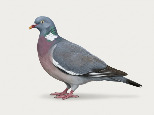 Houtduif (Columba palumbus) van opzij met witte keelvlek, witte vleugelband en roze borst