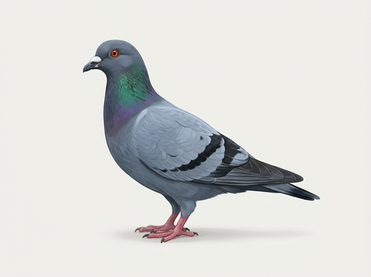 Stadsduif (Columba livia f. domestica) van opzij, blauwgrijs met twee zwarte vleugelbalken en iriserende nek