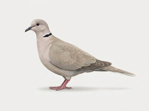 Turkse duif (Streptopelia decaocto) vanaf de zijkant, beigegrijs met zwarte nekband