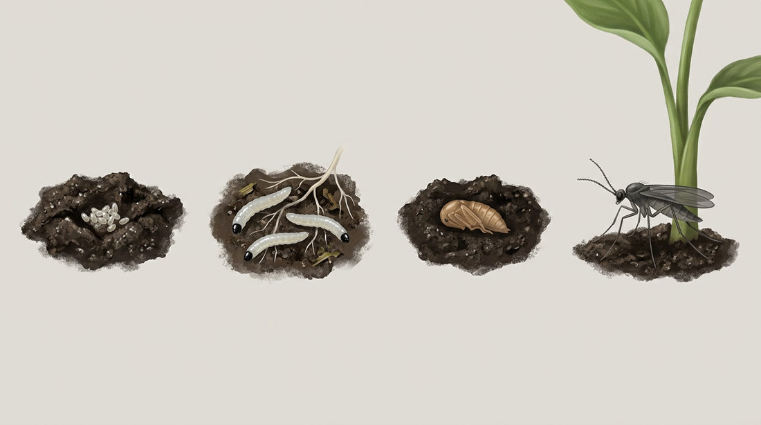 Ontwikkeling van de schimmelmug in de bloempot: kleine eitjes op vochtige grond, glazig witte larven met een zwarte kop tussen fijne wortels, pop in de grond en volwassen schimmelmug op de plantenstengel