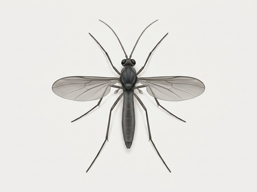 Schimmelmuggen (Sciaridae) van bovenaf, slank en donkergrijs met lange poten en antennes