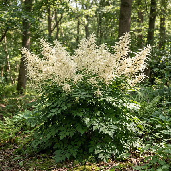 Wald-Geißbart (Aruncus dioicus) in Blüte im naturnahen Garten (KI-generiert)