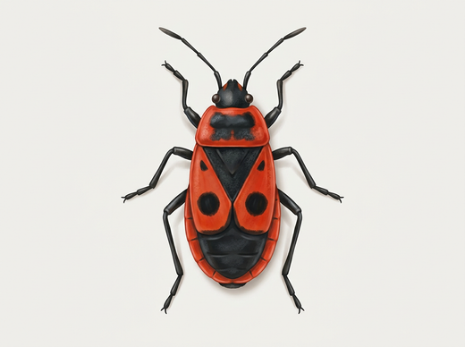Vuurwants (Pyrrhocoris apterus) van bovenaf: rood-zwart patroon met een grote zwarte stip op elke vleugelafdekking