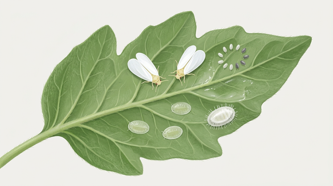 Ontwikkeling van de witte vlieg aan de onderkant van een tomatenblad: volwassenen met witte vleugels, eitjes in een cirkel, platte larven en een pop met wasdraden