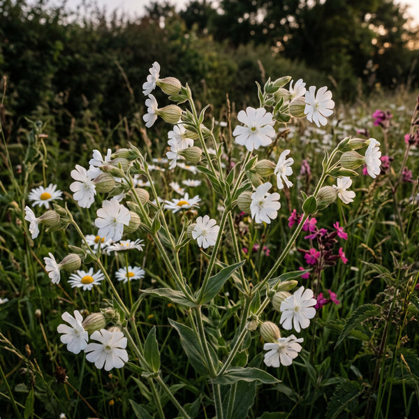 Weiße Lichtnelke (Silene latifolia alba) in Blüte im naturnahen Garten (KI-generiert)