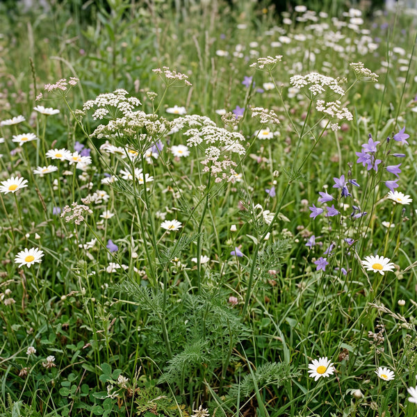 Wiesen-Kümmel (Carum carvi) in Blüte im naturnahen Garten (KI-generiert)