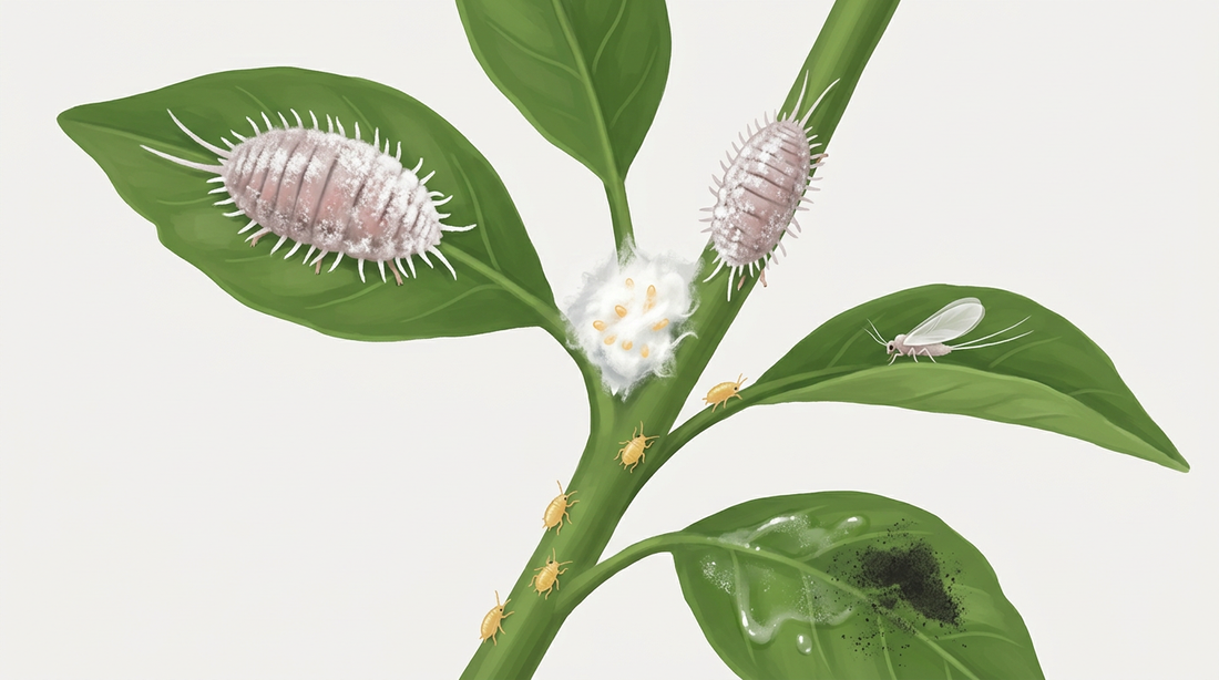 Wolluizen op een plantscheut: poedervormige vrouwtjes met wasdraden, eierzak in de bladoksel, kleine geelachtige larven, een gevleugeld mannetje en honingdauw en roetdauw