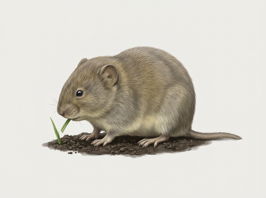 Veldmuis met geelgrijsbruine vacht, kleine oren en korte staart eet op een grassprietje