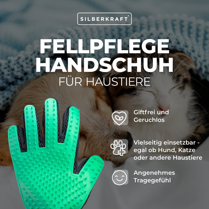 Fellpflegehandschuh für Hund, Katze, Pferd; Kaninchen und anderen Haustieren - Schonende Pflege dank 256 Noppen - Massageeffekt - Einheitsgröße - Egal ob Lang oder Kurzhaar - Silberkraft