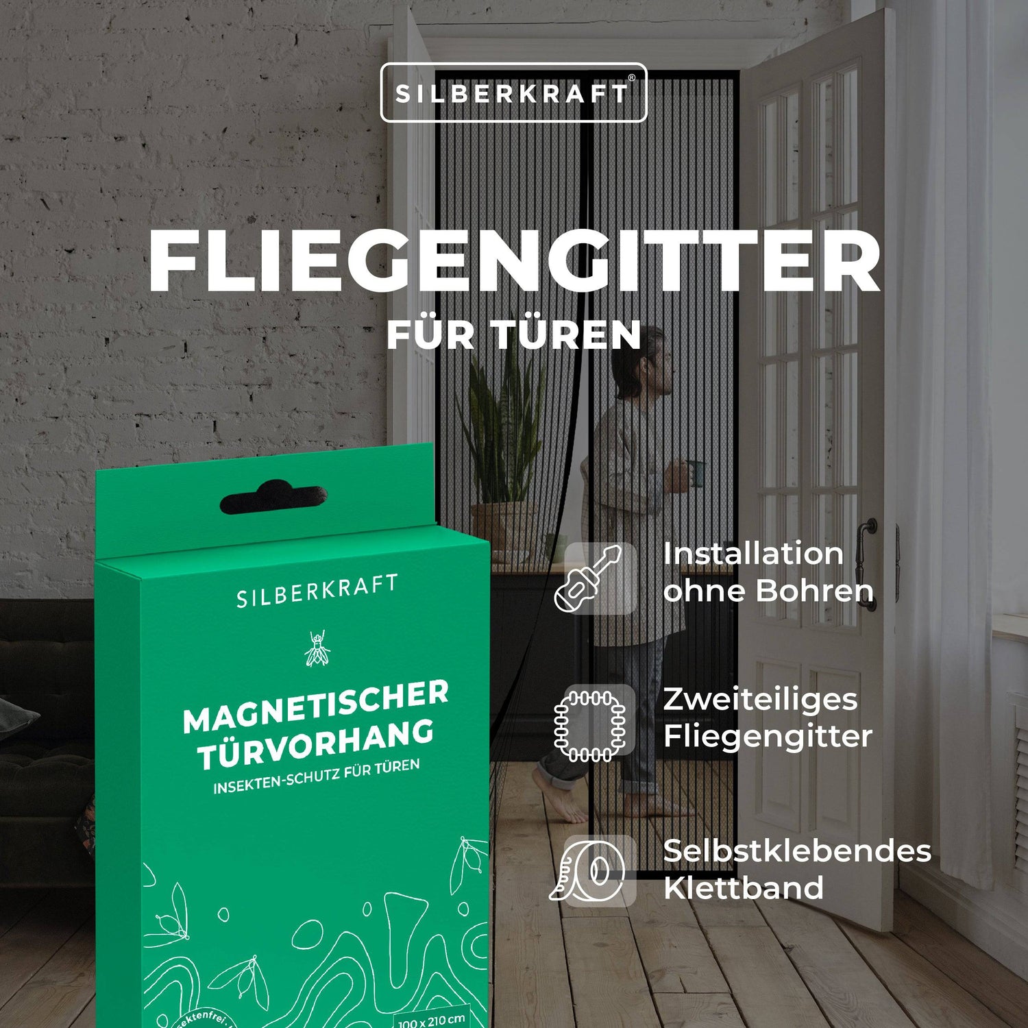 Fliegengitter für Türen - 100 x 210 cm - ohne Bohren - Silberkraft