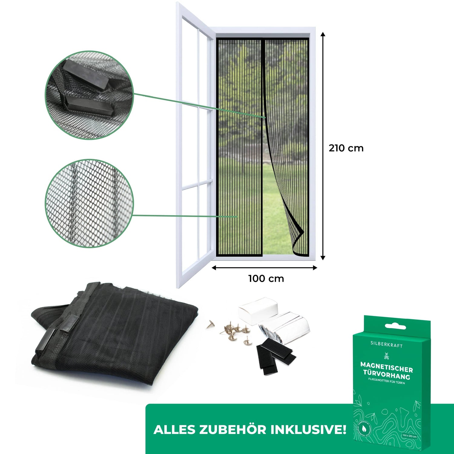 Fliegengitter für Türen - 100 x 210 cm - ohne Bohren - Silberkraft