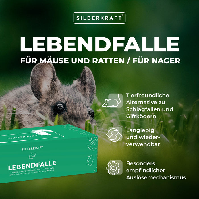 Lebendfalle für Mäuse und Ratten aus Kunststoff - tierfreundliche Alternative zu Schlagfallen und Giftköder - Silberkraft