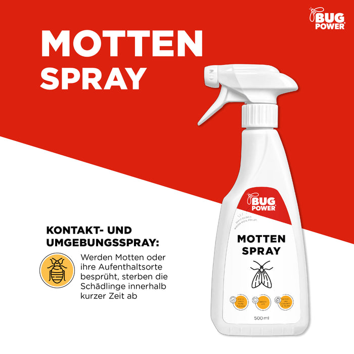 BugPower Mottenspray gegen Kleider- & Lebensmittelmotten - mit Knock-down-Effekt - Silberkraft
