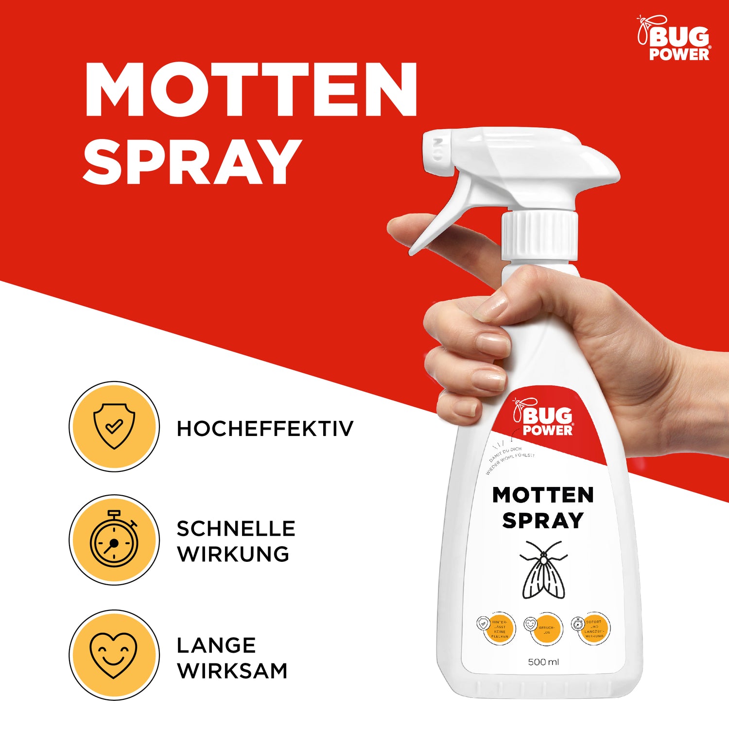 BugPower Mottenspray gegen Kleider- & Lebensmittelmotten - mit Knock-down-Effekt - Silberkraft