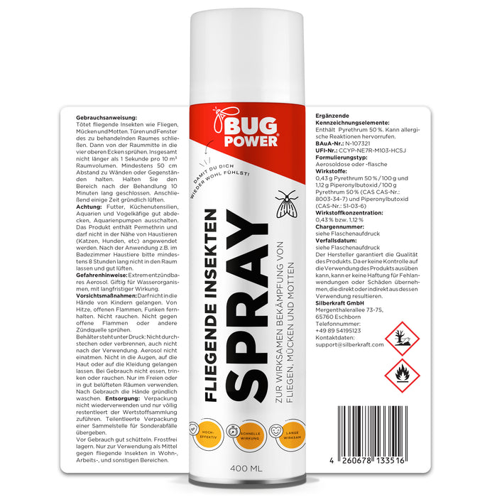 BugPower Spray tegen vliegende insecten 400 ml - breed werkingsspectrum - snelle werking & met knock-down effect - zilverkracht