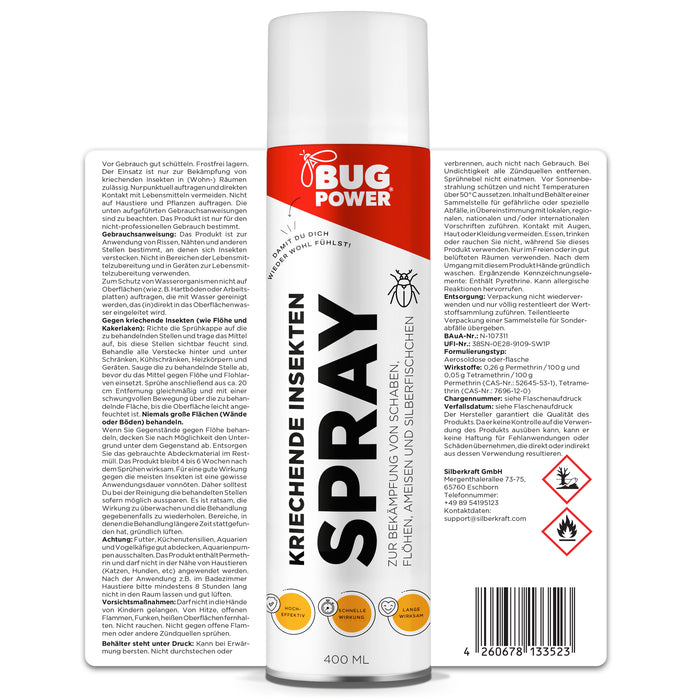 BugPower Spray gegen kriechende Insekten und Wespen 400 ml - breites Wirkungsspektrum - schnelle Wirkung & Knock-Down-Effekt - Silberkraft
